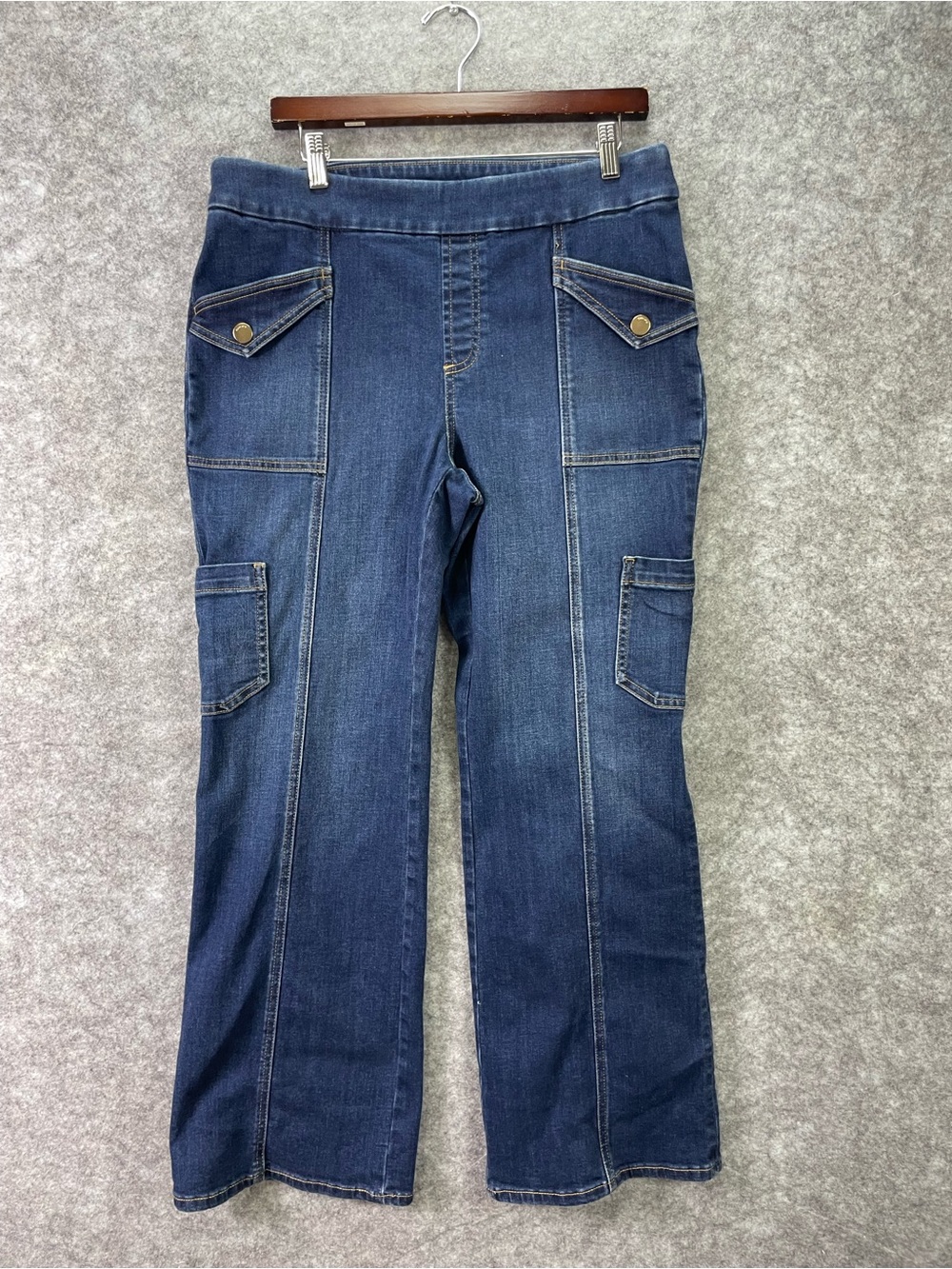 Chicos Jeans Womens 12R Blue High Rise Pull On Bootcut Cargo Stretch Denim Pants